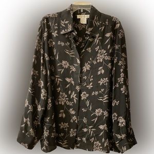 Jones New York - 100% Silk Top - Black with Gold Leaves/Flowers - Vintage